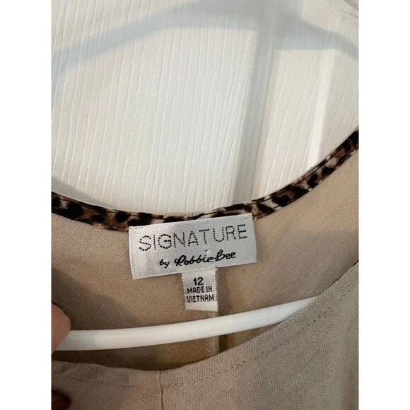 Linen Blend Shift Dress Beige Leopard Trim Pockets Size 12 Boho Casual - Picture 4 of 6